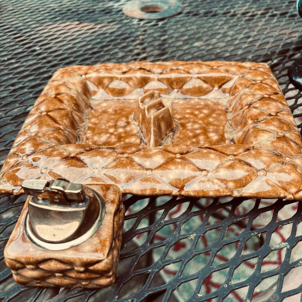 Vintage Hand-Crafted Glazed Ceramic Ashtray and Lighter Set Signed Janette '77